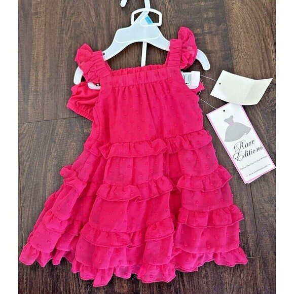 Rare Editions Baby Girl Ruffle Fly Sleeve Polka Dot Chiffon Dress 2p set fushia - Picture 2 of 8